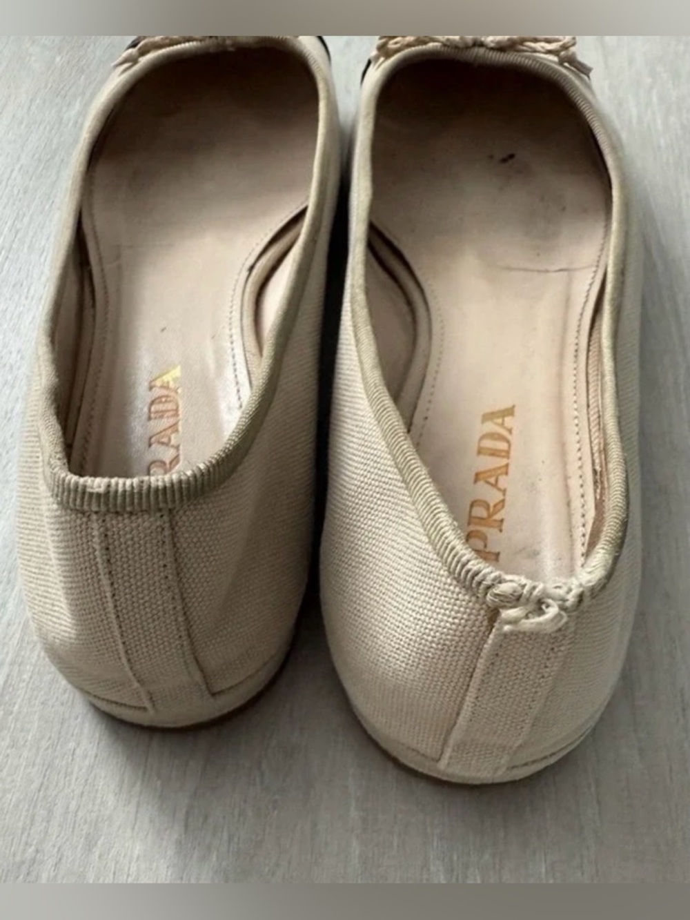 Prada Canvas Cap Toe Ballet Flats Beige Black Women Sz 7 - Picture 9 of 15
